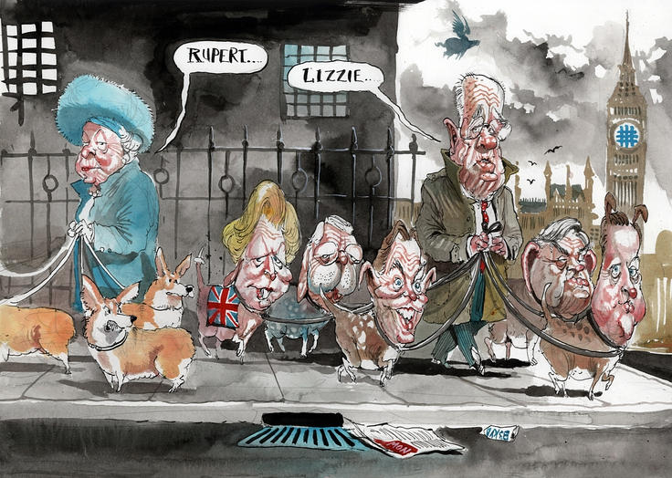 This cartoon depicts owner of News Corp with respect to corporate power, media power and politicians. English politicians like Australian are shamelessly courting the media mogul and doing him favours as they forget the need for increased media regulation, more competition and less concentrated media ownership. The relationship between media and politicians was described by Murdoch at the Leveson Inquiry in terms of "you scratch my back, I’ll scratch yours.” 