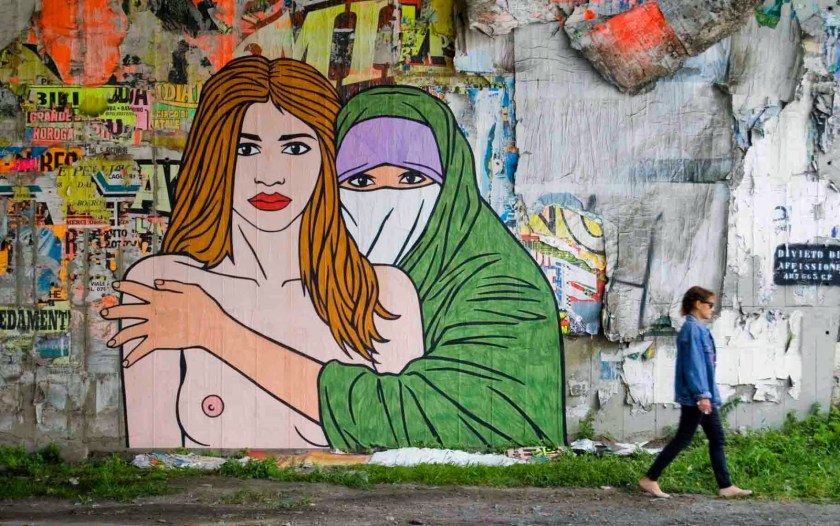 BR1's research consists of social and civil analysis focusing mainly on the dignity of women and immigrants from Africa and the Middle East. Ideals that are often rejected in the various cultural identities of tradition, customs and social problems. His interest in these issues can be seen in the form of large posters that play the role of a sounding board, protest or a pedagogy. He constructs his images through paradoxes where he directs the observer to confront possibly uncomfortable topics such as sexuality, gender subordination, and war. http://www.openwallsgallery.com/